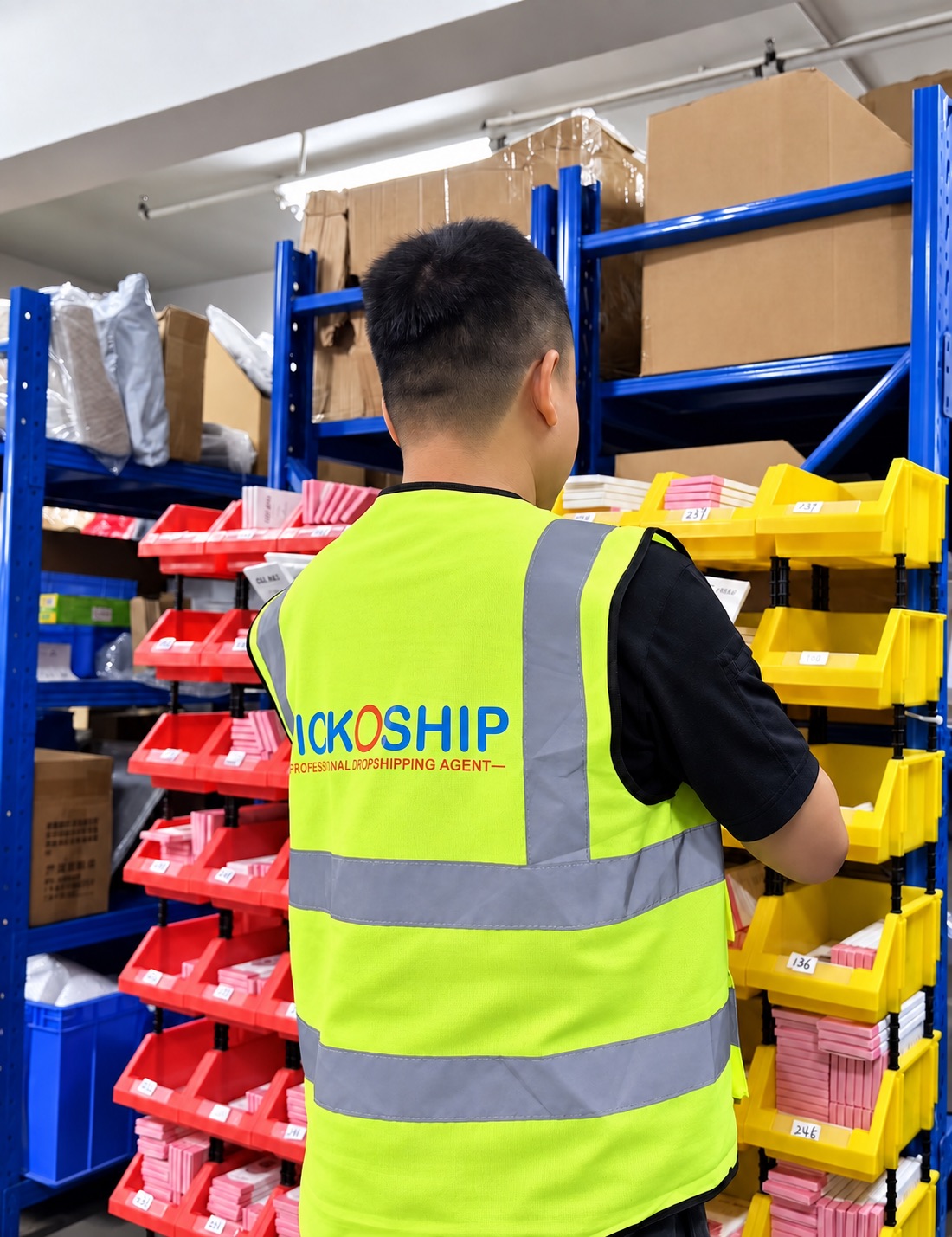 Worker in a PICKOSHIP vest at warehouse picking bins